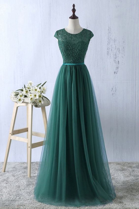 Party Dress Vintage, Green tulle lace top round neck long evening dresses ,simple formal dress