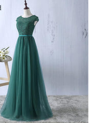 Party Dress Spring, Green tulle lace top round neck long evening dresses ,simple formal dress