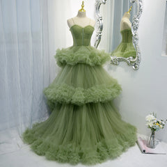 Prom Dresses 2024 Fashion Outfits, Green Tulle Layers Straps Sweetheart Long Evening Dress Party Dress, Green Formal Dress