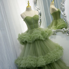 Prom Dress Cute, Green Tulle Layers Straps Sweetheart Long Evening Dress Party Dress, Green Formal Dress
