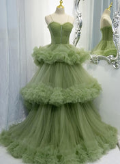 Prom Dress Uk, Green Tulle Layers Straps Sweetheart Long Evening Dress Party Dress, Green Formal Dress