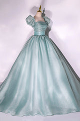 Prom Dresses For 2024, Green Tulle Long A-Line Prom Dress, Cute Short Sleeve Evening Party Dress