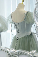 Prom Dresses2020, Green Tulle Long A-Line Prom Dress, Cute Short Sleeve Graduation Dress