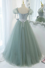 Prom Dresses 2027, Green Tulle Long A-Line Prom Dress, Cute Short Sleeve Graduation Dress