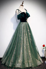 Evening Dresses 2026, Green Tulle Long A-Line Prom Dress, Green Spaghetti Straps Graduation Dress
