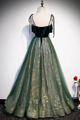 Evening Dress Long Elegant, Green Tulle Long A-Line Prom Dress, Green Spaghetti Straps Graduation Dress