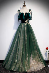 Evening Dress Designer, Green Tulle Long A-Line Prom Dress, Green Spaghetti Straps Graduation Dress