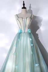 Bridesmaid Dresses Mismatched Spring Colors, Green Tulle Long A-Line Prom Dress, Green Spaghetti Straps Graduation Dress