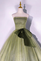 Dance Dress, Green Tulle Long A-Line Prom Dress, Green Strapless Evening Gown