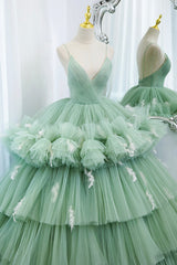 Formal Dress Vintage, Green Tulle Long A-Line Prom Dress, Green V-Neck Formal Evening Gown