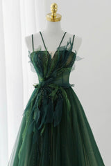 Formal Dresses Summer, Green Tulle Long A-Line Prom Dress, Spaghetti Straps Evening Dress