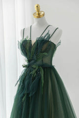Formal Dress For Woman, Green Tulle Long A-Line Prom Dress, Spaghetti Straps Evening Dress