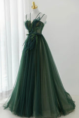 Formal Dress Summer, Green Tulle Long A-Line Prom Dress, Spaghetti Straps Evening Dress