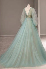 Blue Gown, Green Tulle Long Prom Dress with Sequins, Green Long Sleeve Evening Party Dress