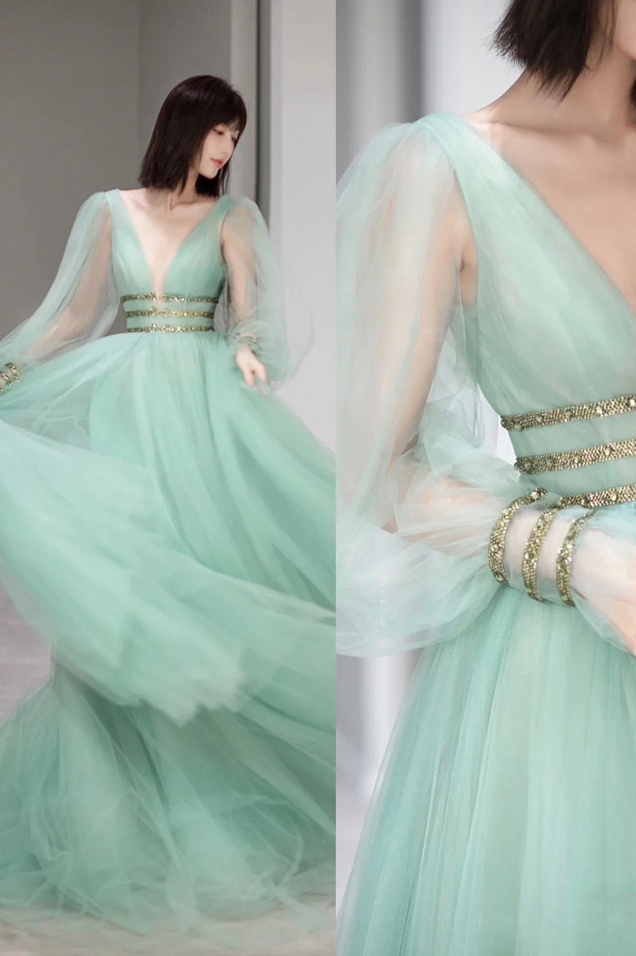 Ballgown, Green Tulle Long Prom Dress with Sequins, Green Long Sleeve Evening Party Dress