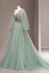 Champagne Prom Dress, Green Tulle Long Prom Dress with Sequins, Green Long Sleeve Evening Party Dress
