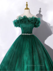 Formal Dresses Elegant, Green tulle off shoulder long prom dress green tulle formal gown