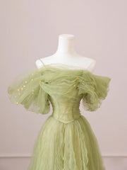 Pretty Dress, Green Tulle Off Shoulder Long Prom Dresses, Green Tulle Formal Evening Dress
