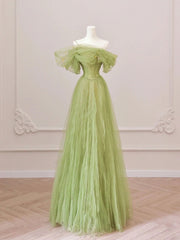 Prom Theme, Green Tulle Off Shoulder Long Prom Dresses, Green Tulle Formal Evening Dress