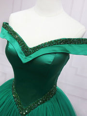 Bridesmaid Dresses Online, Green Tulle Off Shoulder Tulle Beads Long Prom Dress, Green Formal Graduation Dresses