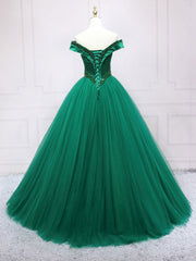 Bridesmaid Dresses Fall, Green Tulle Off Shoulder Tulle Beads Long Prom Dress, Green Formal Graduation Dresses