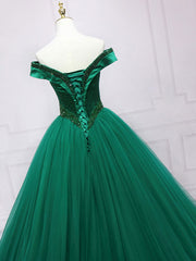 Bridesmaid Dresses Pink, Green Tulle Off Shoulder Tulle Beads Long Prom Dress, Green Formal Graduation Dresses