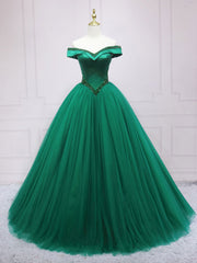 Bridesmaid Dresses Ideas, Green Tulle Off Shoulder Tulle Beads Long Prom Dress, Green Formal Graduation Dresses