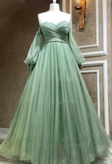 Formal Attire, Green Tulle Puffy Sleeves A-line Formal Dresses, Green Long Evening Gown