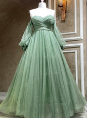 Party Outfit Night, Green Tulle Puffy Sleeves A-line Formal Dresses, Green Long Evening Gown