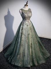 Sage Green Wedding, Green Tulle Round Neckline Long Party Dress, Green Lace Prom Dress
