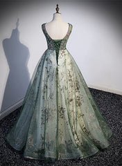 Short Wedding Dress, Green Tulle Round Neckline Long Party Dress, Green Lace Prom Dress