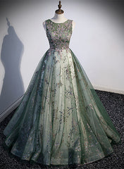 Wedding Aesthetic, Green Tulle Round Neckline Long Party Dress, Green Lace Prom Dress