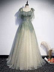 Homecoming Dress Shops, Green tulle sequin beads long prom dress, green tulle formal dress