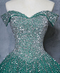 Evening Dresses, Green Tulle Sequin Long Prom Gown, Green Sequin Sweet 16 Dress