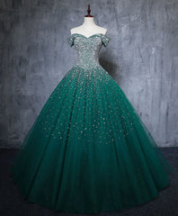 Evening Dress Modest, Green Tulle Sequin Long Prom Gown, Green Sequin Sweet 16 Dress