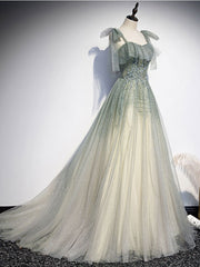 Non Traditional Wedding Dress, Green Tulle Straps A-line Beaded Long Prom Dress, Green Evening Party Dress