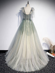 Dusty Blue Bridesmaid Dress, Green Tulle Straps A-line Beaded Long Prom Dress, Green Evening Party Dress