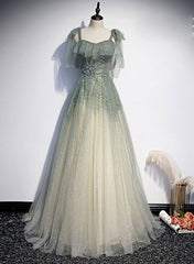White Wedding, Green Tulle Straps A-line Beaded Long Prom Dress, Green Evening Party Dress
