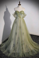 Party Dresses Maxi, Green Tulle Sweetheart Neckline Long Prom Dress, Green Strapless Evening Dress
