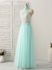 Party Dresses Christmas, Green Tulle Two Pieces Long Prom Dress Lace Beads Formal Dress