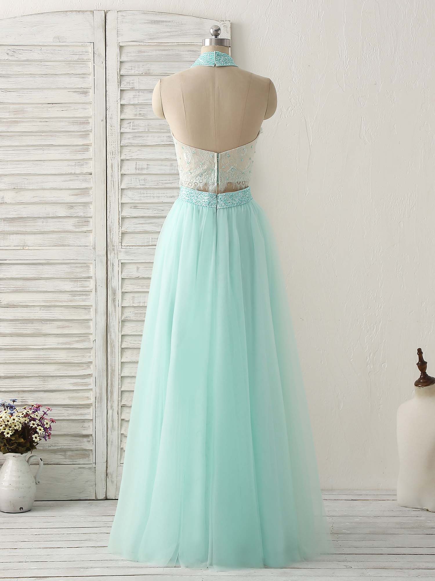 Party Dress After Wedding, Green Tulle Two Pieces Long Prom Dress Lace Beads Formal Dress