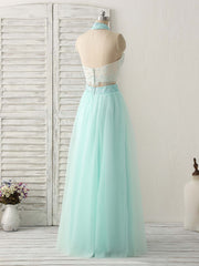 Party Dresses Classy Christmas, Green Tulle Two Pieces Long Prom Dress Lace Beads Formal Dress