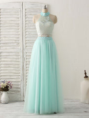 Party Dress For Christmas, Green Tulle Two Pieces Long Prom Dress Lace Beads Formal Dress