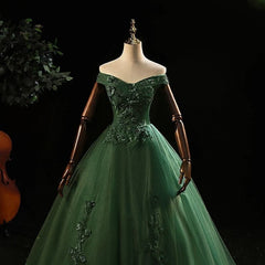8 Th Grade Dance Dress, Green Tulle with Lace Applique Long Prom Dress, Green Sweet 16 Dresses