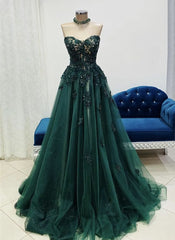 Party Dress Ideas For Curvy Figure, Green Tulle with Lace Applique Sweetheart Long Formal Dress, Green Evening Gown
