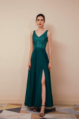 Party Dress Emerald Green, V-Neck Chiffon Appliques A Line Long Prom Dresses