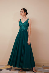 Party Dress For Girls, V-Neck Chiffon Appliques A Line Long Prom Dresses