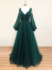 Bridesmaid Dresses Purple, Green V Neck Lace A line Long Prom Dress,Tulle Evening Dresses Long Sleeve