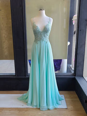 Prom Dresses Stores, Green v neck lace chiffon long prom dress, lace evening dress