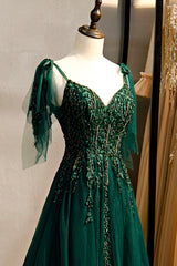 Prom Dresses Cheap, Green V-Neck Lace Long Prom Dress, A-Line Spaghetti Straps Evening Dress